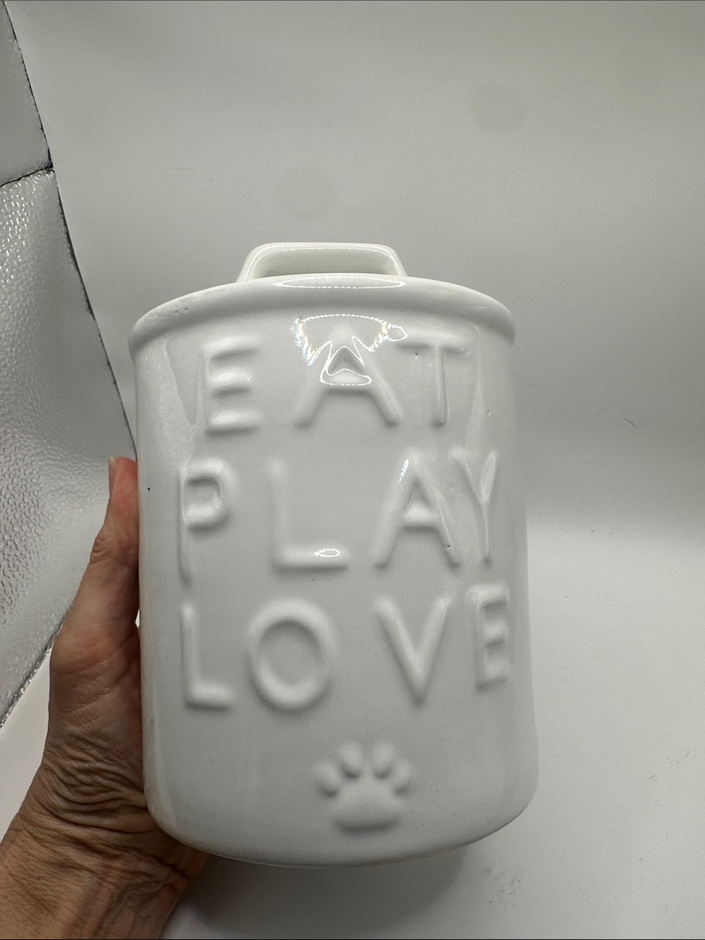 White Ceramic Pet Treat Jar - Eat Play Love